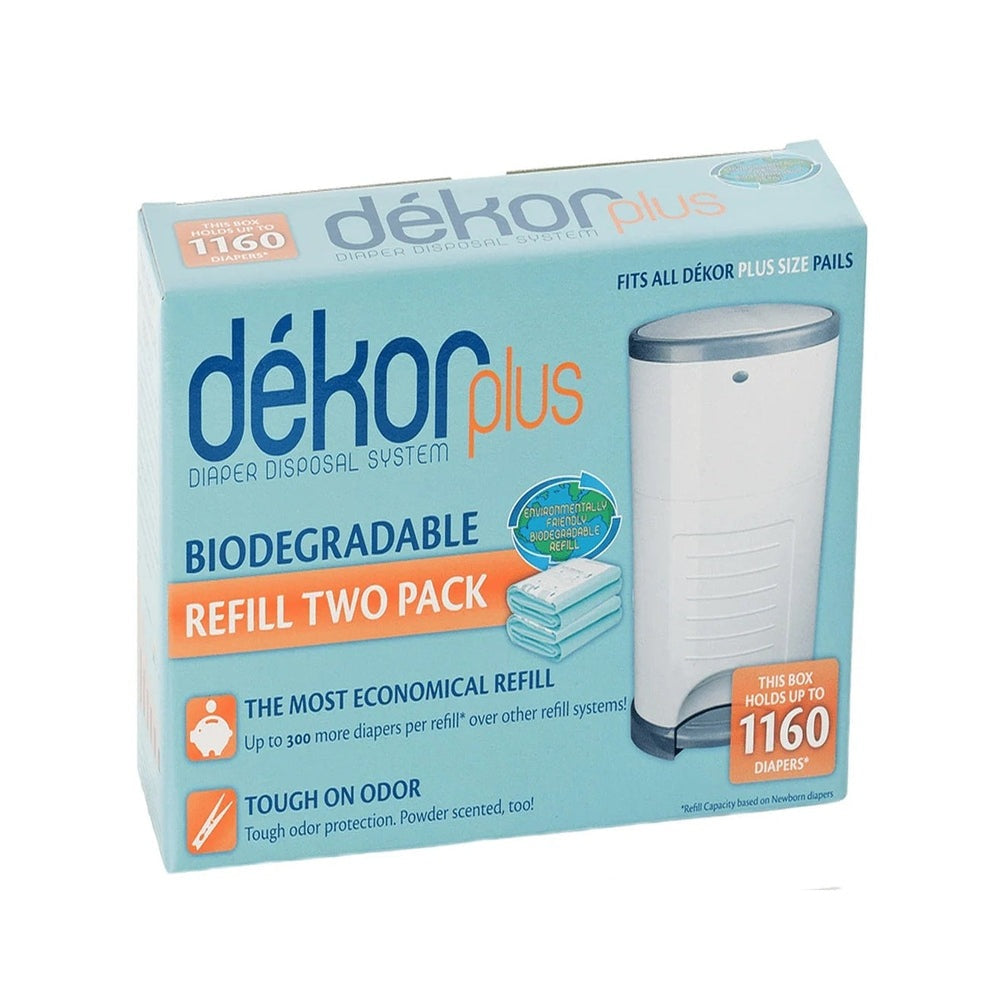 Dekor Plus Diaper Pail Refills Plastic 2 Pack box, biodegradable, fits all Dekor Plus pails.