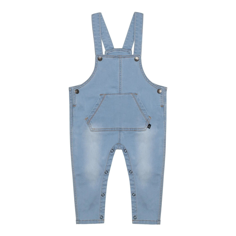 Deux Par Deux denim overall unisex baby jumpsuit in light wash with front pocket and metal snaps along legs