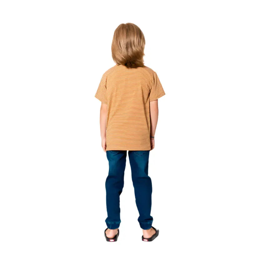 Deux Par Deux French Terry Jogger Pant Navy Denim worn by toddler in striped tee and sandals, back view.