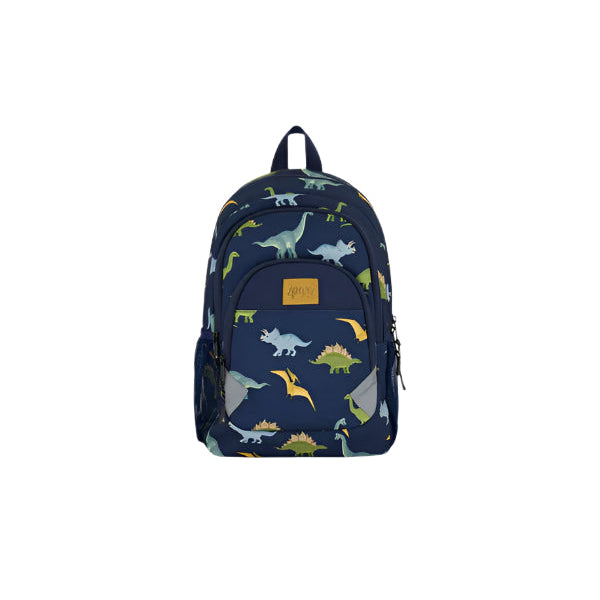 DEUX PAR DEUX Toddler Backpack in navy dinosaur print with front zip pocket and top carry handle.