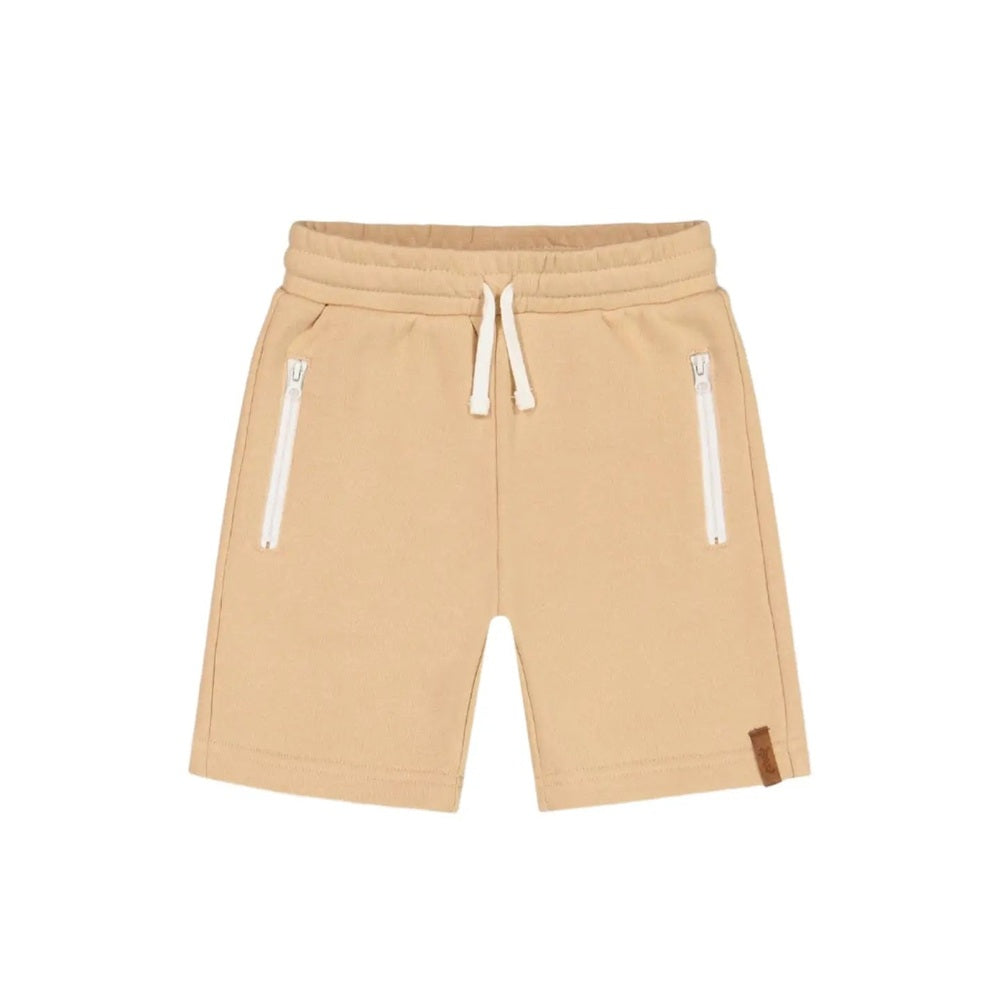 DeuxparDeux beige French Terry Short With Zipper Pockets; white zip pockets and drawstring waist.