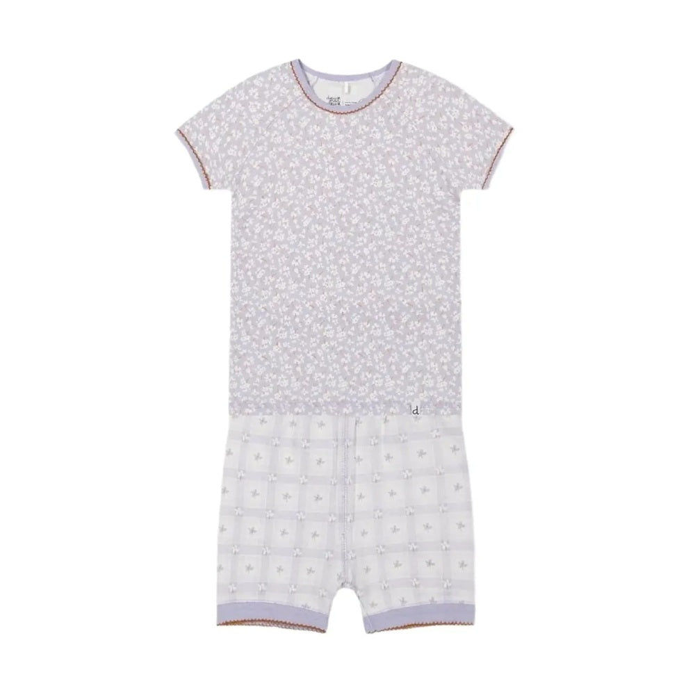 DeuxparDeux Organic Cotton Two Piece Pajama Set Lilac Printed Little Flowers; soft lilac top with white flowers paired with white grid shorts