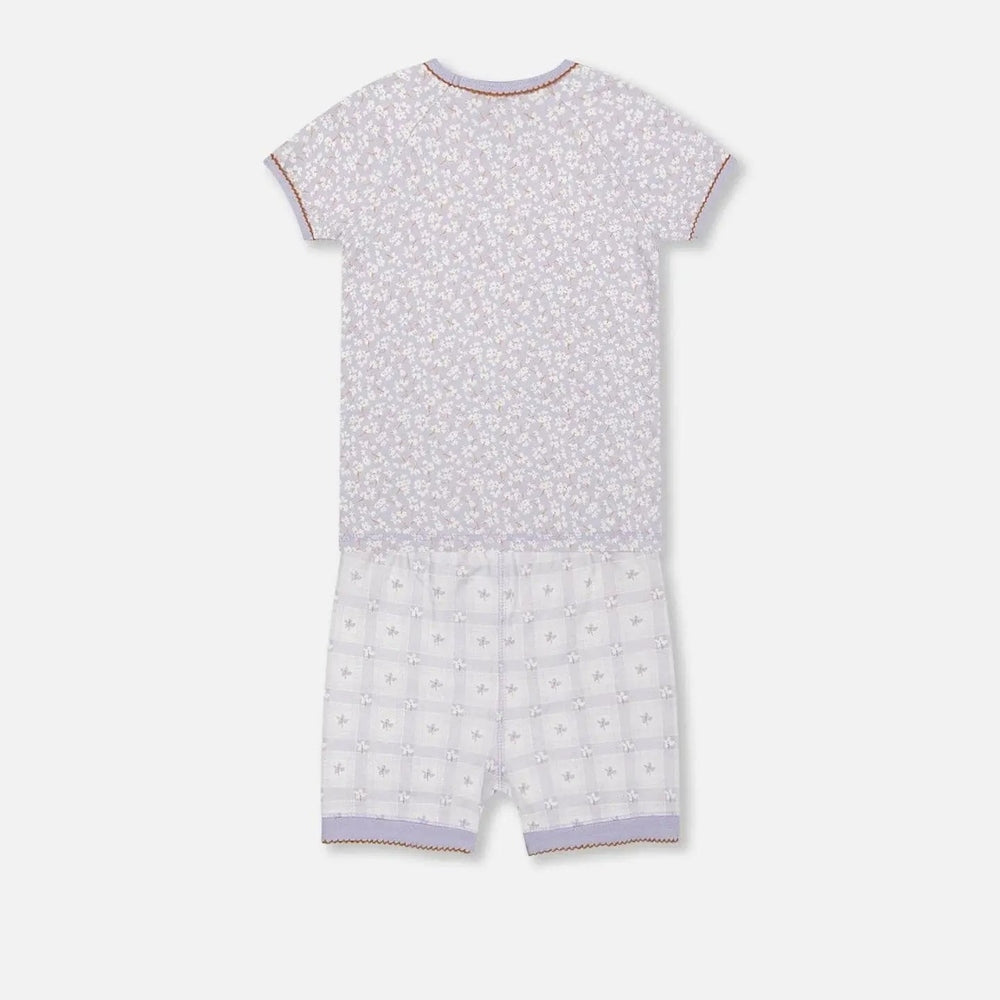 Deuxpardeux Organic Cotton Two Piece Pajama Set Lilac Printed Little Flowers, two-piece with floral-print top and lavender-trim shorts.