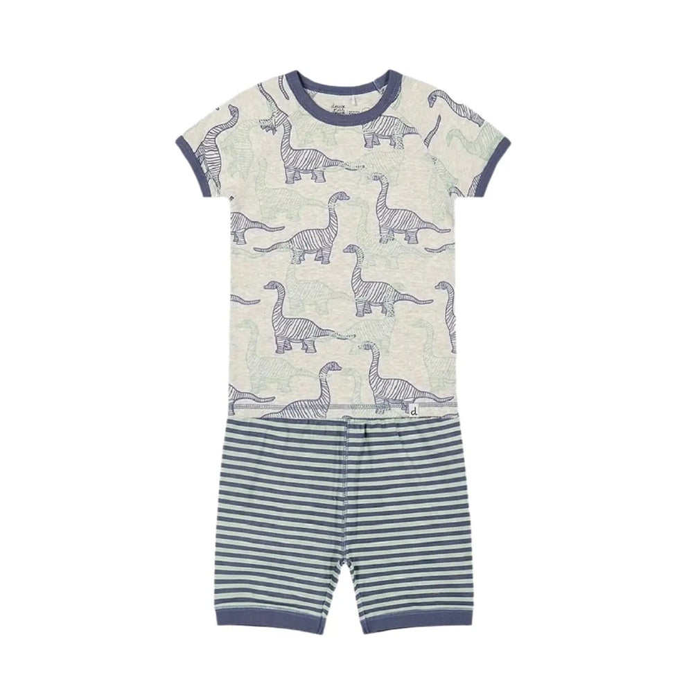 Deuxpardeux Organic Cotton Two Piece Short Pajama Set Heather Beige with blue dinosaur print top and navy striped shorts.