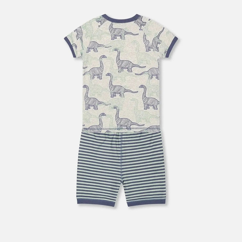 DeuxParDeux Organic Cotton Two Piece Short Pajama Set in heather beige with dinosaur print and navy striped shorts