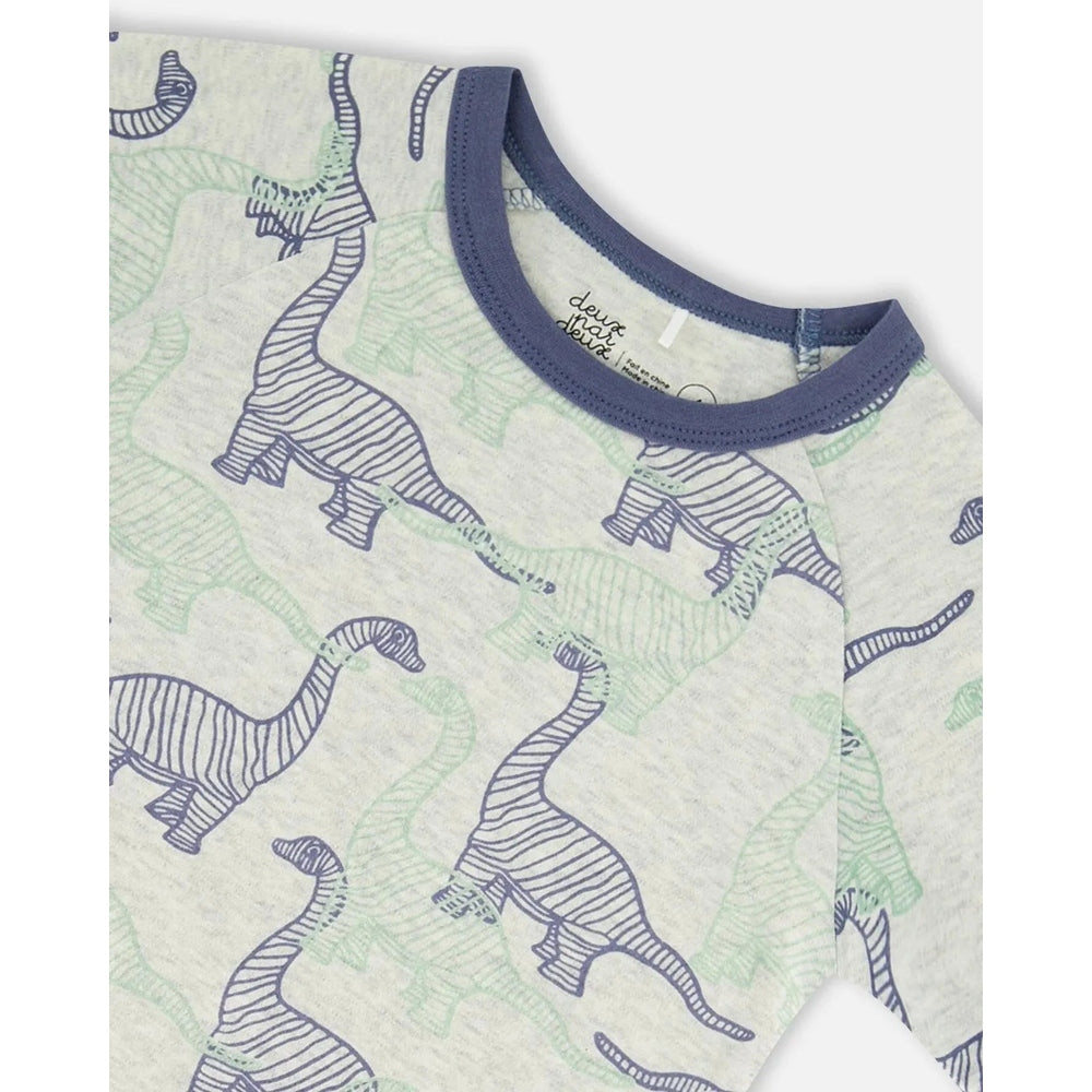 DeuxparDeux Organic Cotton Two Piece Short Pajama Set in heather beige with blue and green dinosaur print and navy trim.