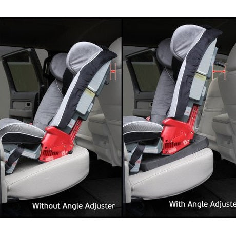 Diono Angle Adjuster installed on a car seat, showing red base and gray padding raising the seat angle.