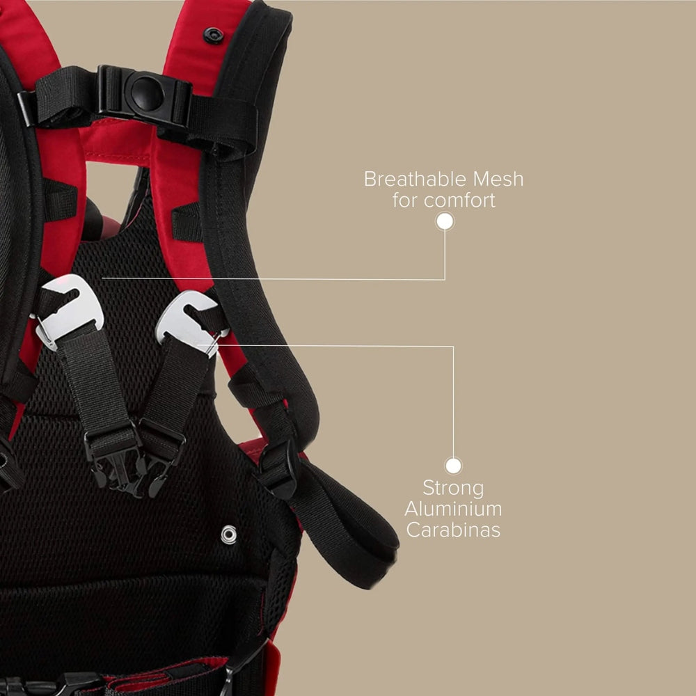 Diono Carus Essentials 3 In 1 Baby Carrier in red and black with breathable mesh and aluminum carabiners