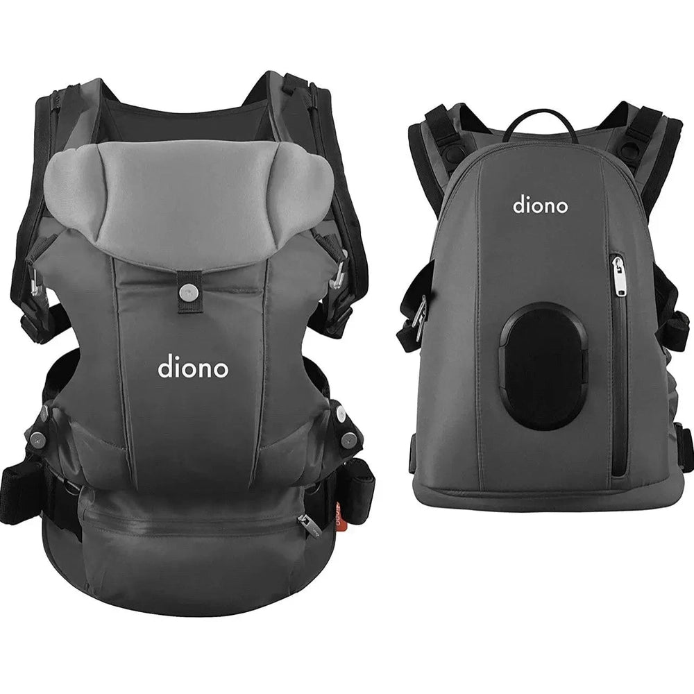 Diono Carus Essentials 3-in-1 Baby Carrier in gray, front and back views with ergonomic waist belt and padded straps.