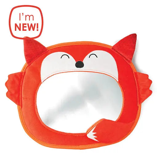 Diono Easy View car seat mirror in orange plush fox design, featuring a reflective surface to supervise baby.