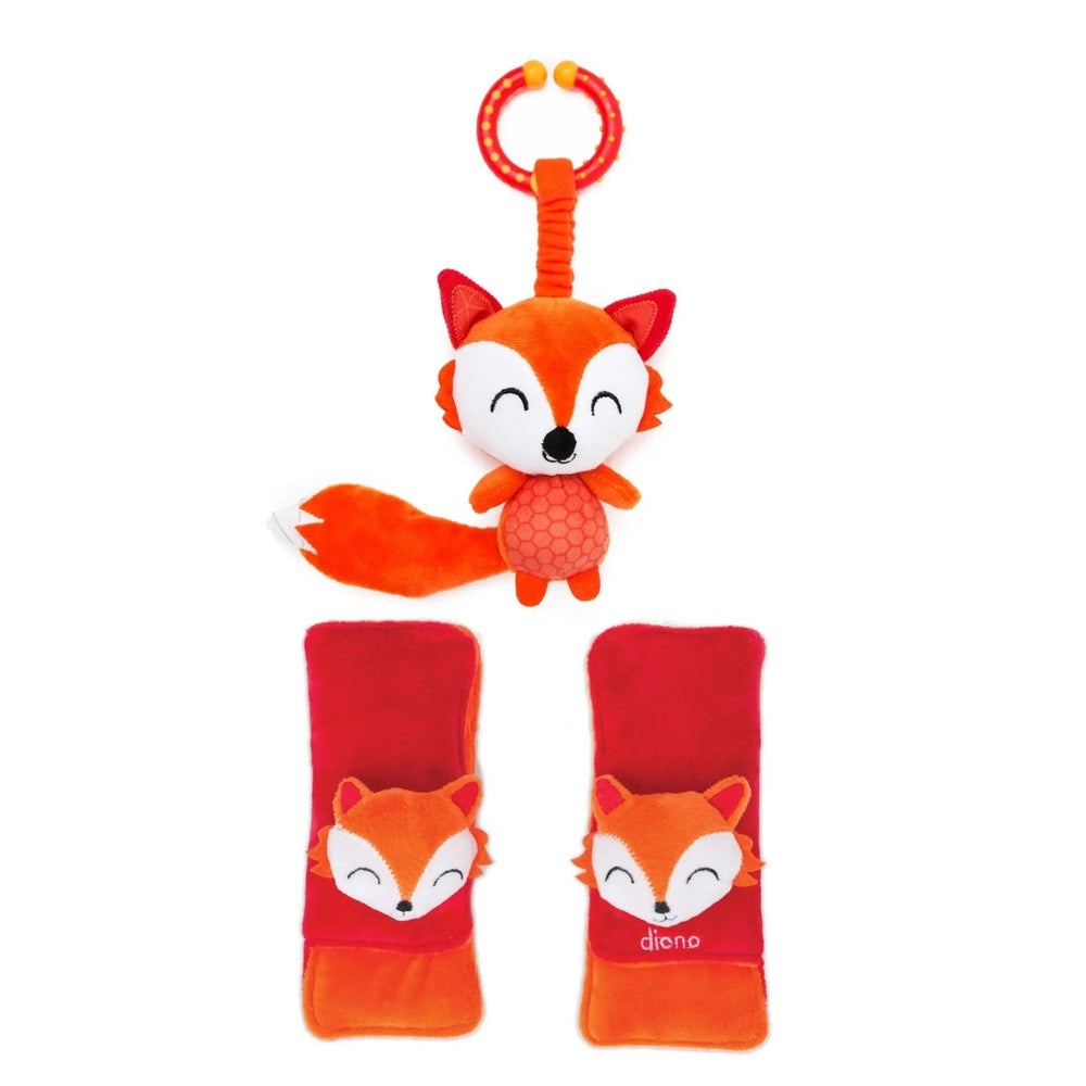 Diono Harness Soft Wraps & Linkie Toy, bright orange fox plush with ring toy and two red soft wraps for strollers.