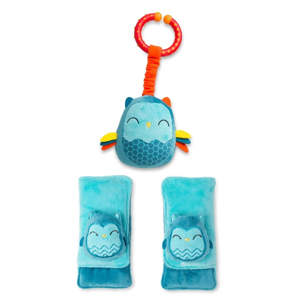 Diono Harness Soft Wraps & Linkie Toy: blue owl pendant on an orange linked strap with two teal wraps.