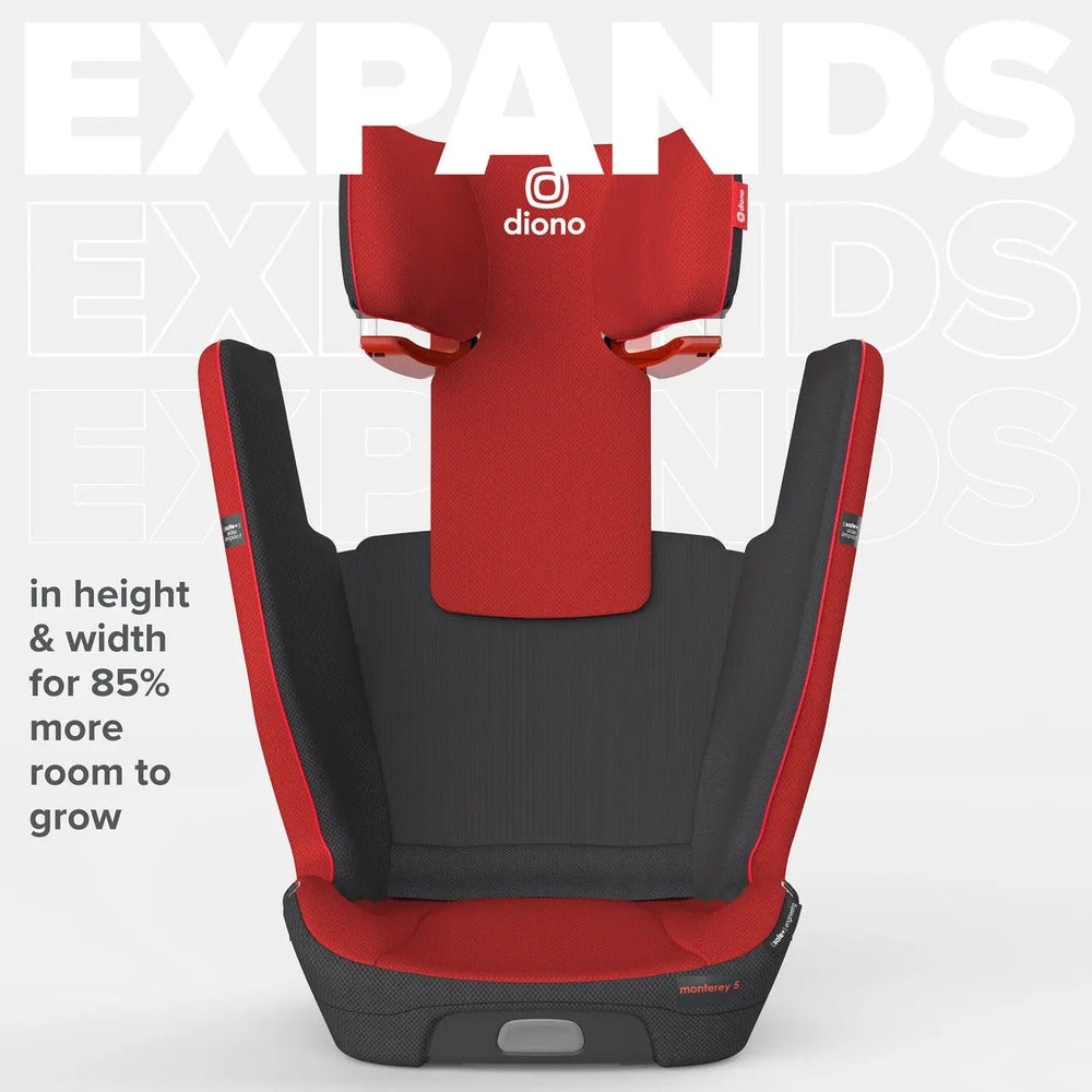 Diono Monterey 5 Ist Fixsafe LATCH booster seat in red and black with padded headrest and side wings.