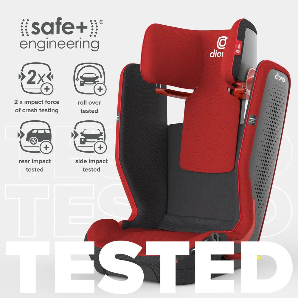 Diono Monterey 5 IST FixSafe LATCH booster seat in red and black, showing headrest and crash-test icons.