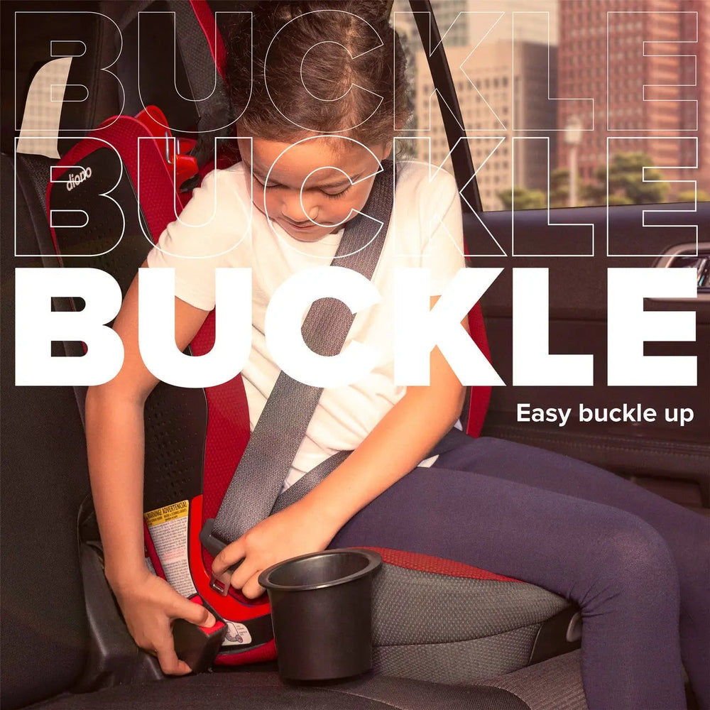 Diono Monterey 5 IST FixSafe LATCH booster seat in red/black; child buckling in with seatbelt strap ready.