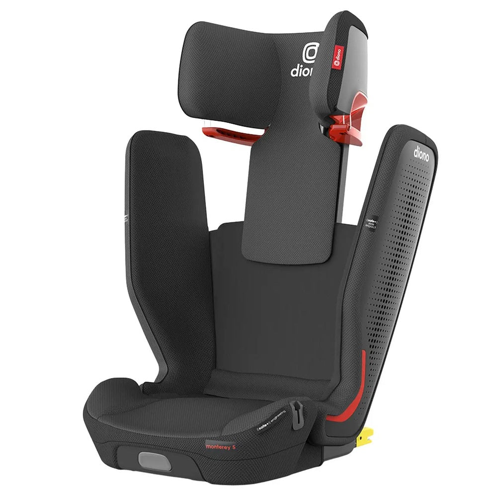 Diono Monterey 5 Ist Fixsafe Latch booster seat in black-gray, with red latch and built-in headrest.