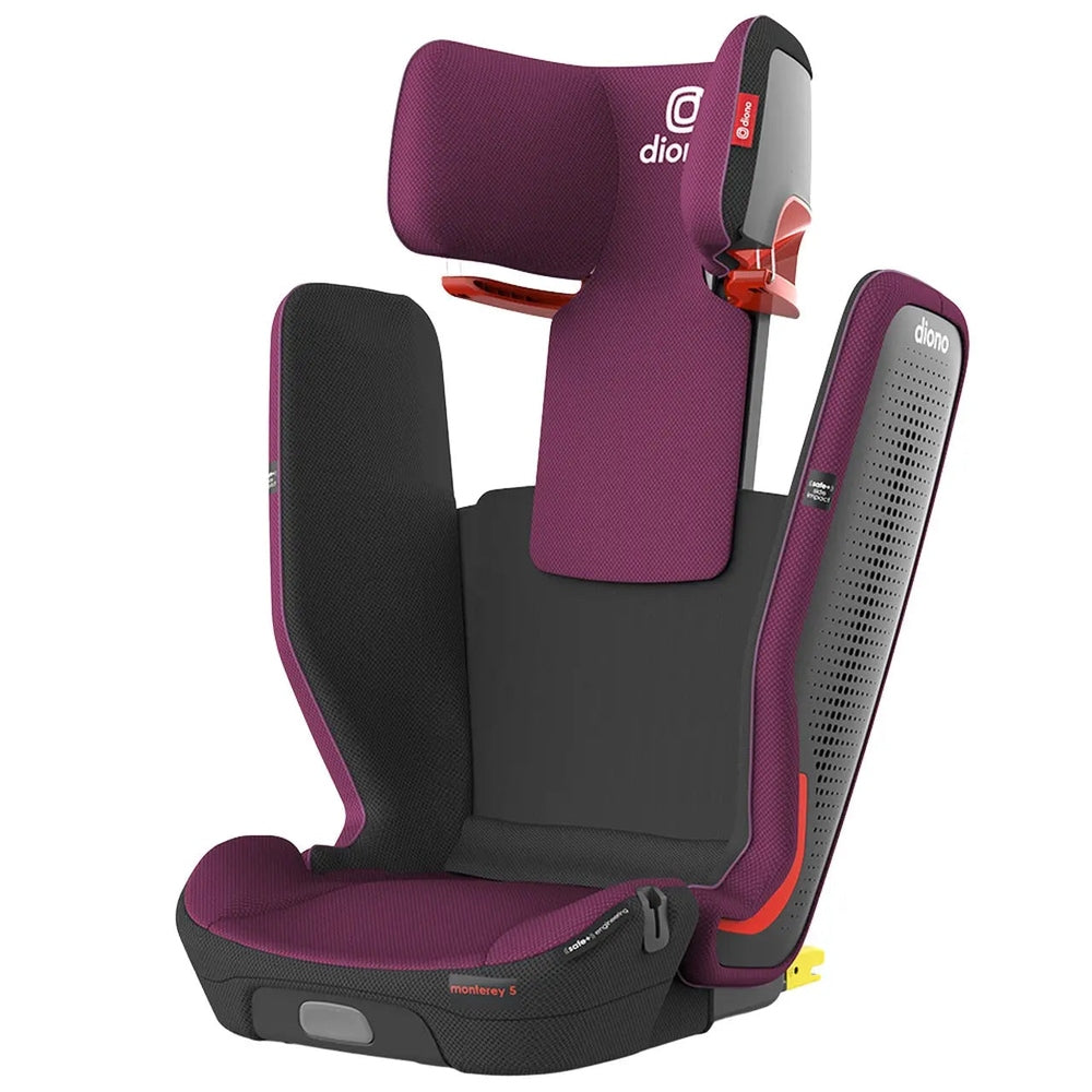 Diono Monterey 5 Ist Fixsafe Latch booster seat in purple, with raised headrest and side wings.