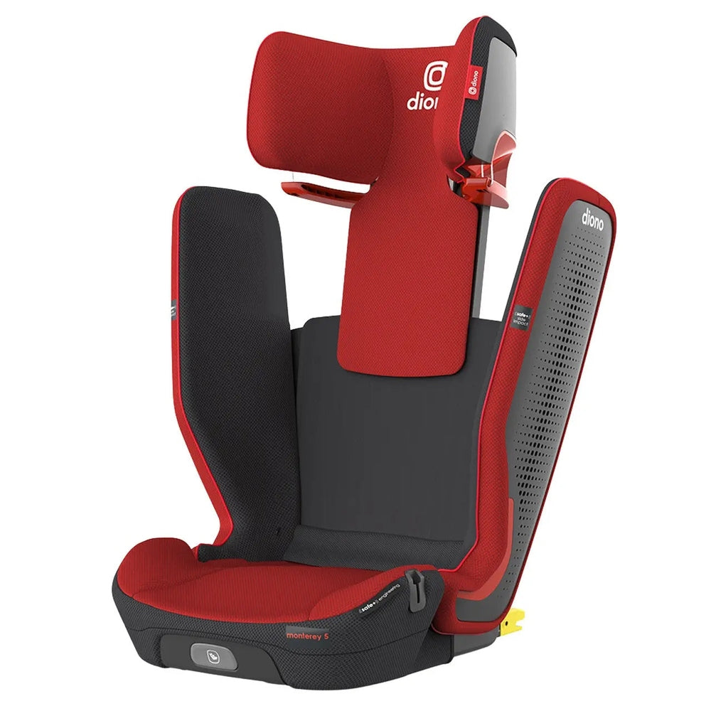 Diono Monterey 5 Ist Fixsafe LATCH booster seat in red and black, with adjustable headrest showcased.