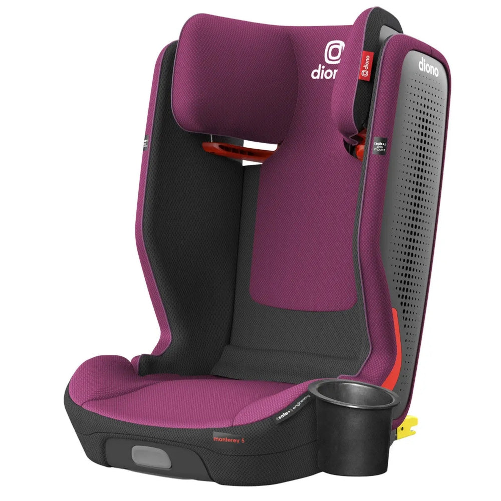 Diono Monterey 5 Ist Fixsafe Latch booster seat in purple, cup holder visible and secure-fit design.