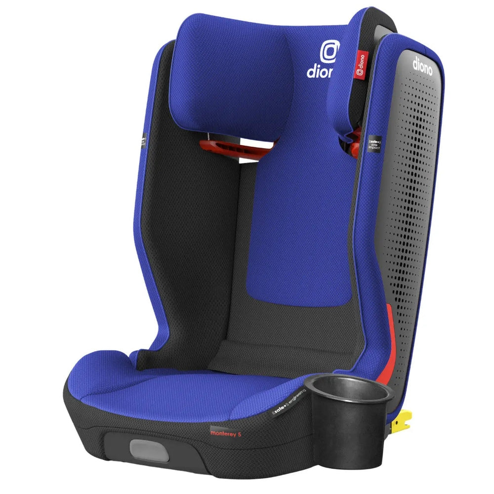 Diono Monterey 5 IST Fixsafe LATCH booster seat in blue with built-in cup holder.