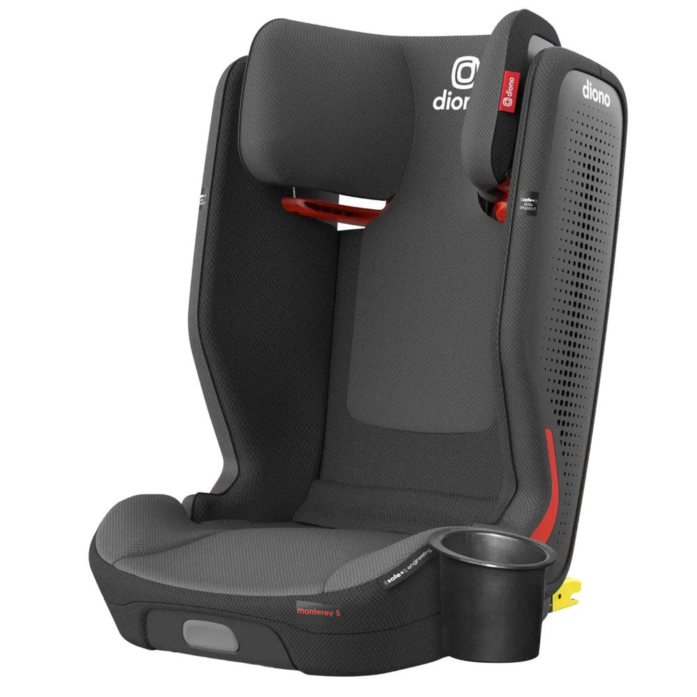 Diono Monterey 5 IST Fixsafe Latch booster seat in black/gray fabric with cup holder attached.