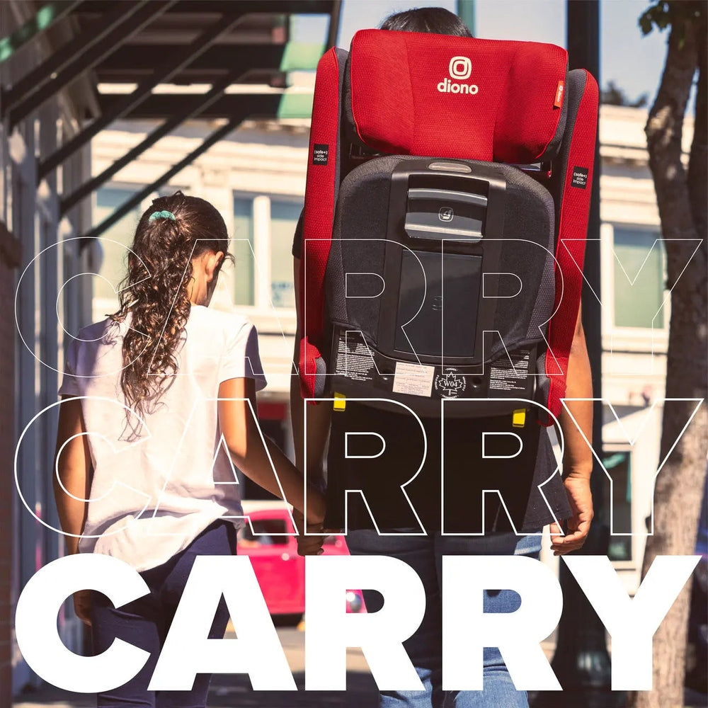 Diono Monterey 5 Ist Fixsafe LATCH booster seat in red worn on a parent’s back, showing portable, easy-carry design.