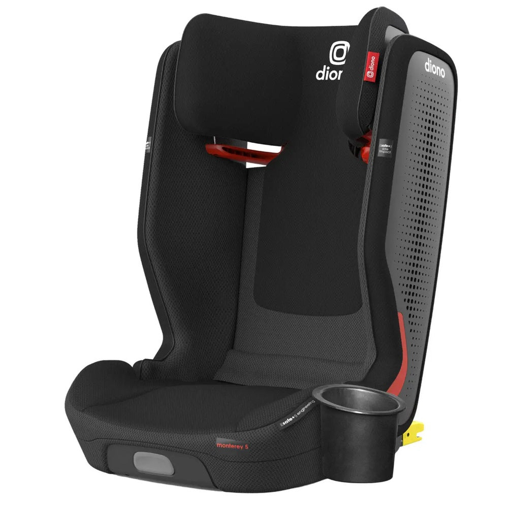 Diono Monterey 5 Ist Fixsafe Latch booster seat in black, with cup holder attached and latch-anchors visible.