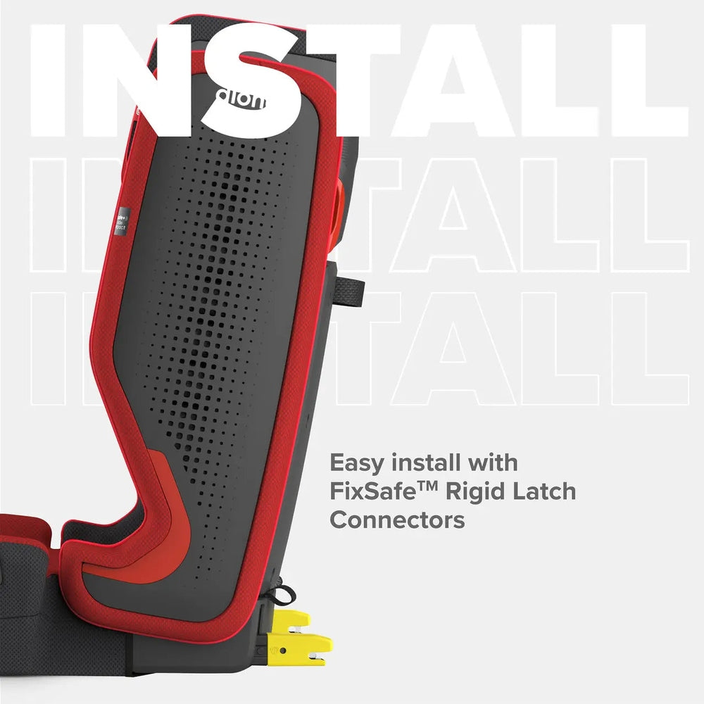 Diono Monterey 5 Ist FixSafe Latch booster seat in red trim with perforated back, attached to car via yellow LATCH connectors.