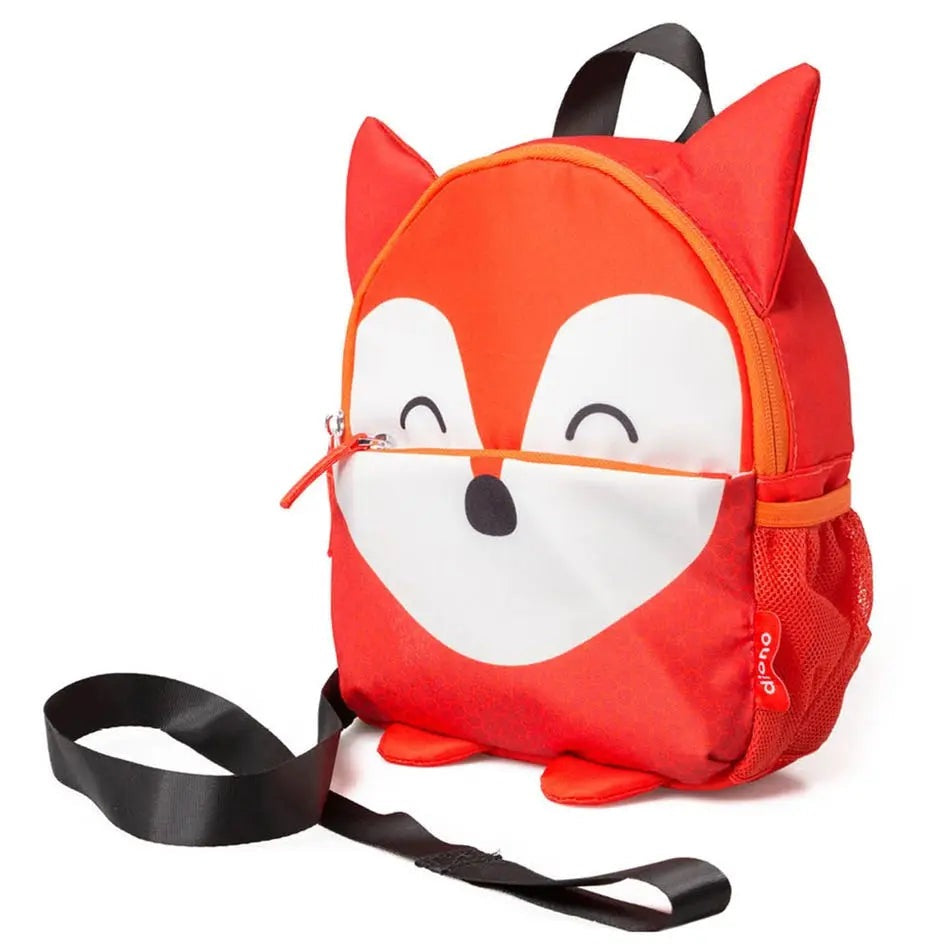 Diono Safety Reins and Backpack Sure Steps fox backpack in orange with ears; long black reins strap beside.