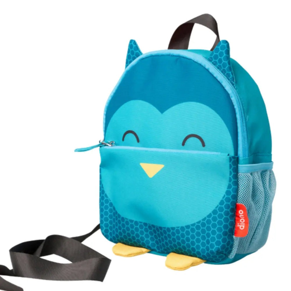 Diono Sure Steps safety reins backpack in blue owl design with yellow beak and side mesh pocket