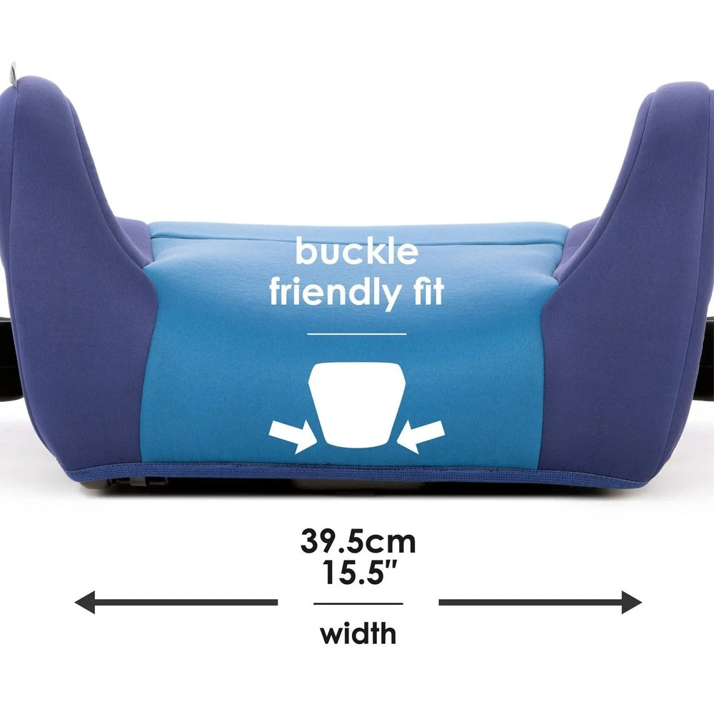 Diono Solana 2 booster seat with LATCH, blue center panel and purple side wings, 39.5 cm wide.