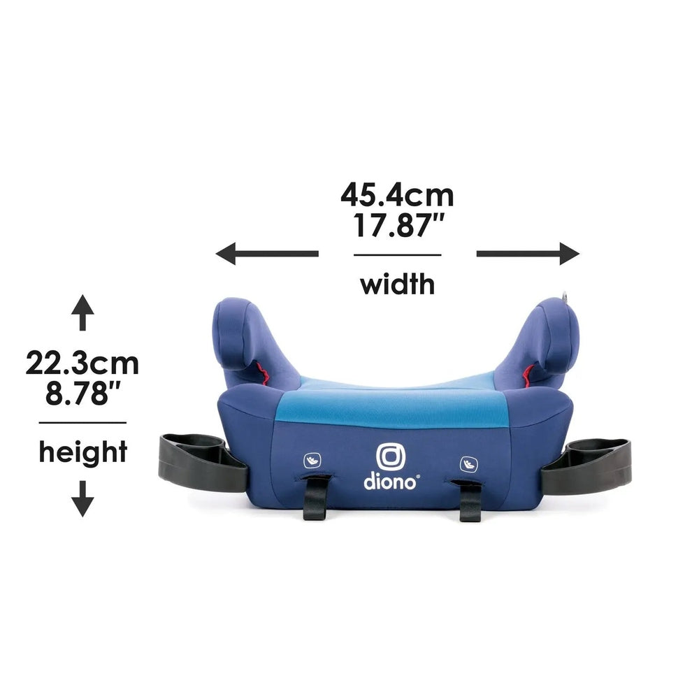 Diono Solana 2 With Latch booster seat in blue, with side cup holders and easy LATCH installation shown ready for car use.