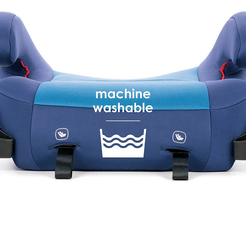 Diono Solana 2 booster seat in blue with LATCH, straps fastened and machine-washable label visible.