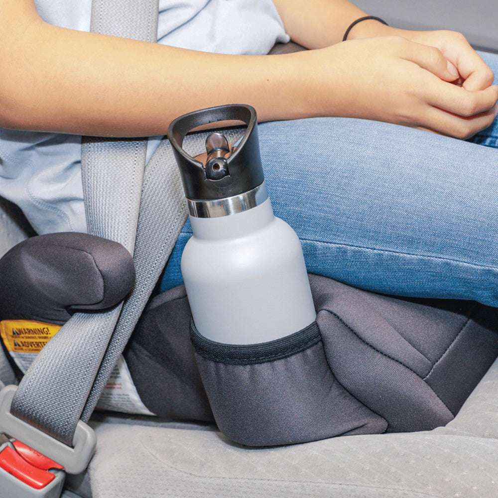 Diono Solana backless booster seat in gray fabric with built-in cup holder installed in car