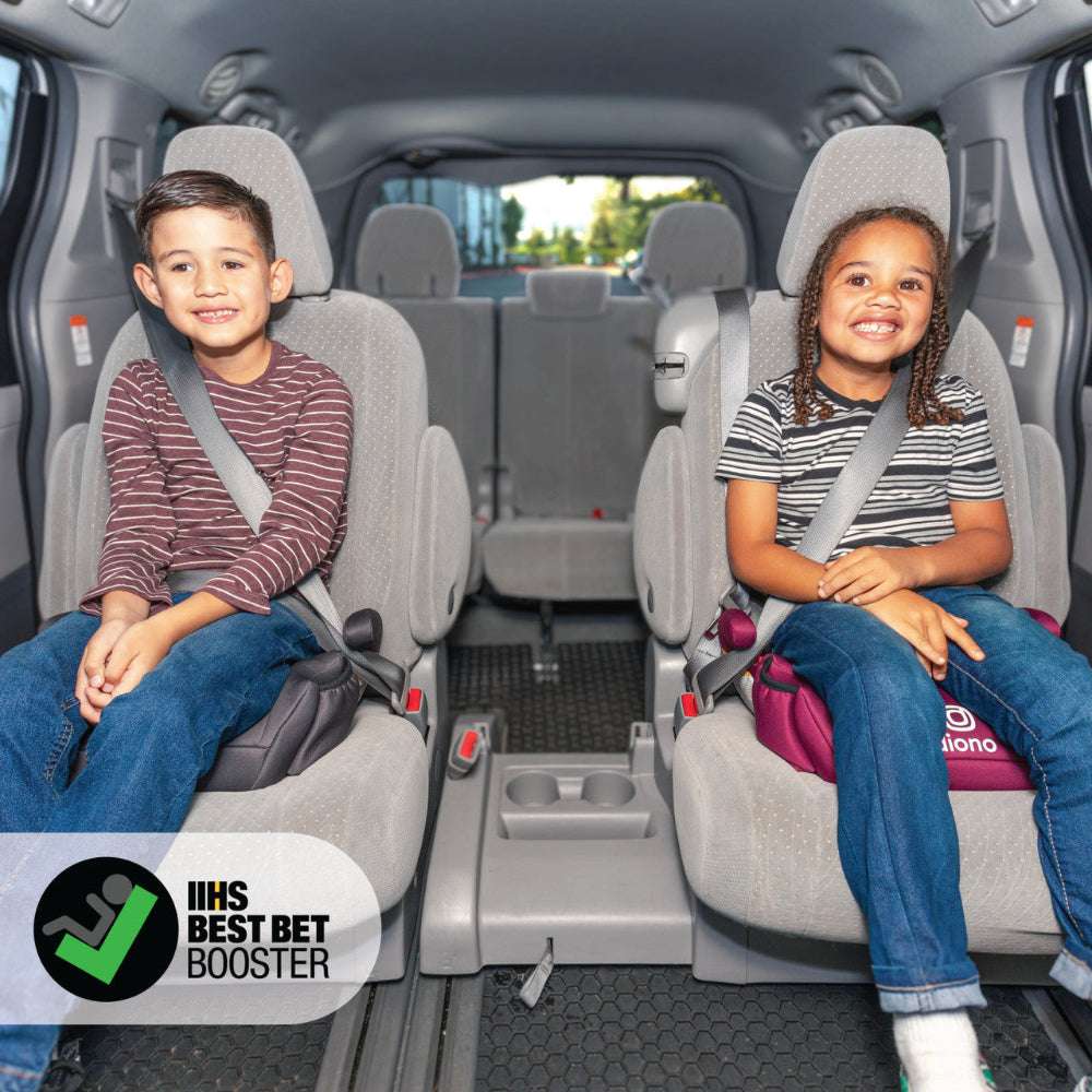 Diono Solana backless booster car seats for two children in a gray minivan interior