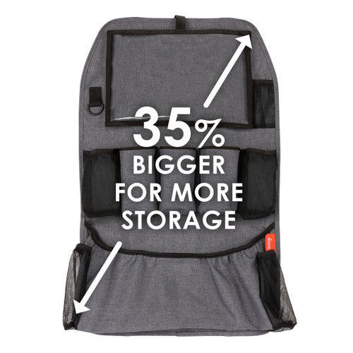 Diono Stow N Go-Backseat Organizer XL in gray fabric with multiple storage pockets and side mesh pouches