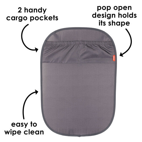 Diono Stuff N Scuff XL Grey car seat liner with 2 cargo pockets and a pop-open shape, easy to wipe clean