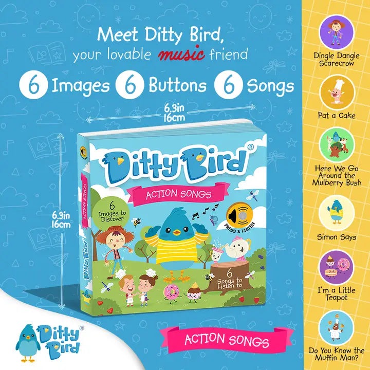 Ditty Bird Sound Book Action Songs USB-C Rechargeable on blue background featuring cheerful birds and six songs.