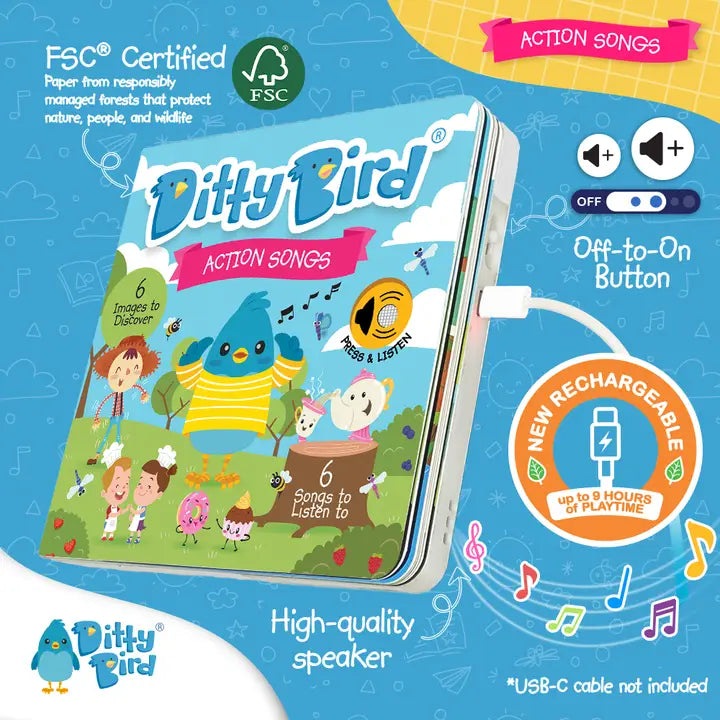 Ditty Bird Sound Book Action Songs USB-C Rechargeable, blue cover charging via USB-C cable attached.