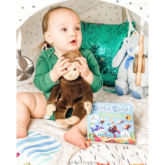 Ditty Bird Sound Book Animal Songs USB-C Rechargeable; baby in a play tent holds a plush monkey beside the Ditty Bird box.