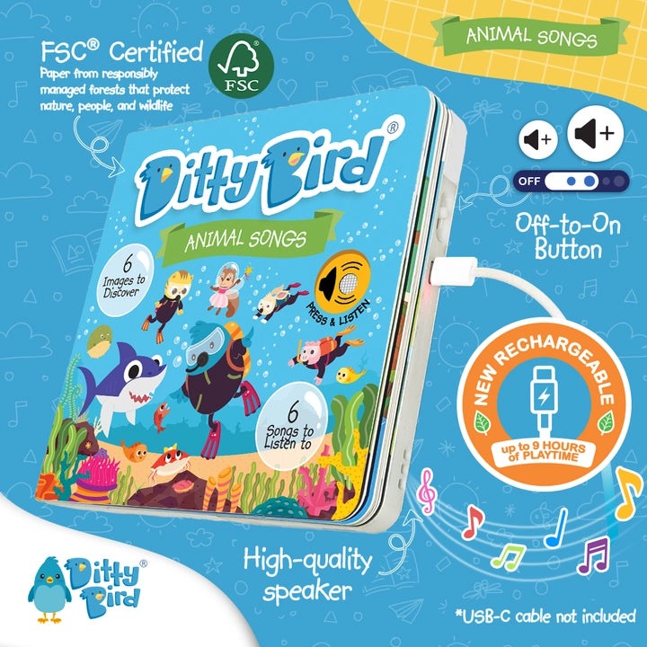 Ditty Bird Sound Book Animal Songs USB-C Rechargeable, blue cover, charging via USB-C cable, with off-on button.