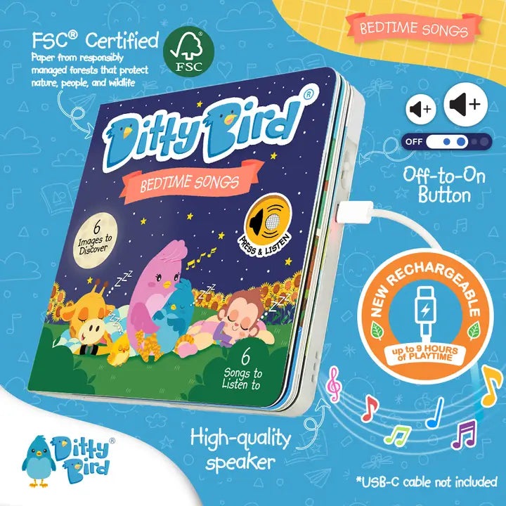Ditty Bird Sound Book Bedtime Songs USB-C Rechargeable, blue illustrated kids’ book with charging cable attached.