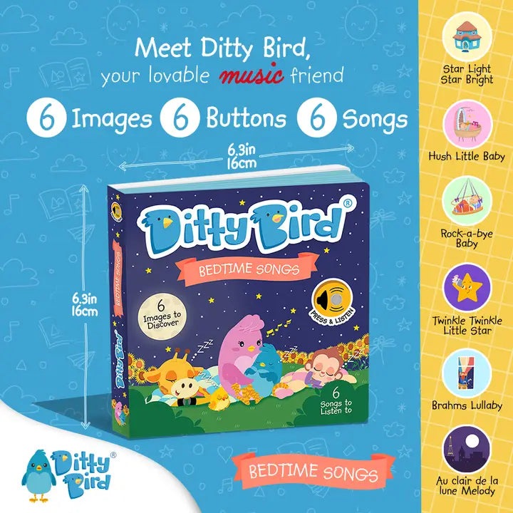 Ditty Bird Sound Book Bedtime Songs USB-C rechargeable; blue educational toy with six buttons to play six songs.