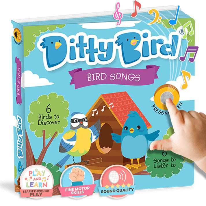 Ditty Bird Sound Book Bird Songs box; educational toy with 6 colorful birds to discover and listen to songs.