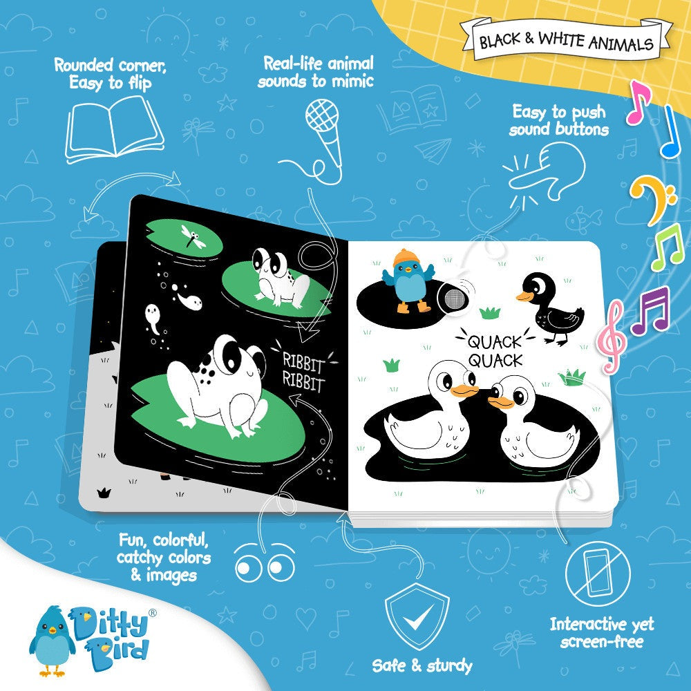Ditty Bird Sound Book Black and White Animals; high-contrast baby toy with engaging animal illustrations