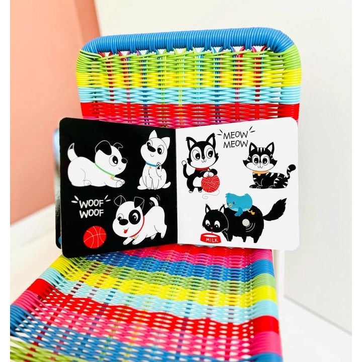 Ditty Bird Sound Book Black and White Animals USB-C Rechargeable, open to playful cat/dog illustrations on a bright woven chair.