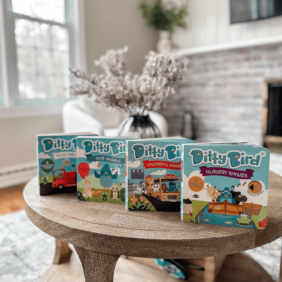 Ditty Bird Sound Book: Children's Songs USB-C Rechargeable colorful toy boxes lined up on a wooden coffee table.
