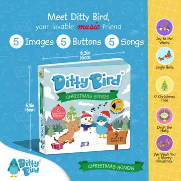 Ditty Bird Sound Book Christmas Songs USB-C Rechargeable, bright packaging showing 5 buttons and 5 songs with festive art.
