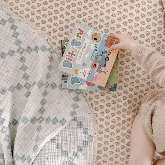 Ditty Bird Sound Book Color Songs USB-C Rechargeable toy; child reaches for it on a cozy bed.