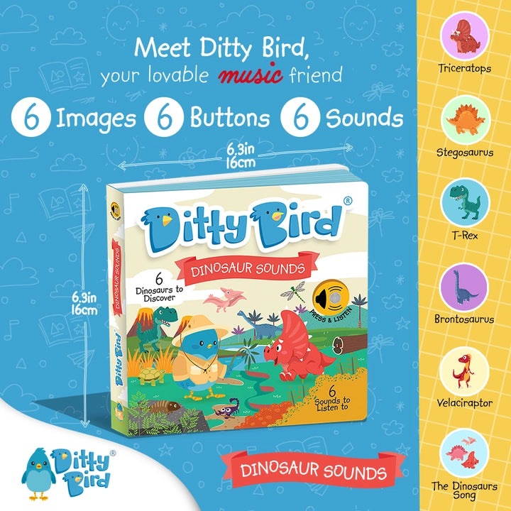 Ditty Bird Sound Book Dinosaur Sounds USB-C Rechargeable, blue box featuring six buttons and colorful dinosaur illustrations.